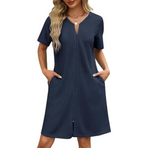 image:imageEkouaer Women Zipper Robes Waffle Short Bathrobe Lightweight House Coat with Pockets Soft Nightgown S3XLNavy Blue