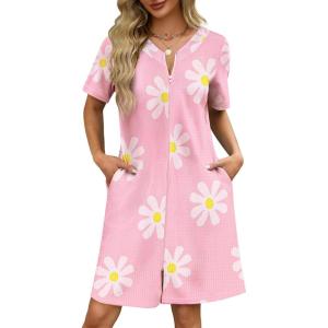 image:imageEkouaer Women Zipper Robes Waffle Short Bathrobe Lightweight House Coat with Pockets Soft Nightgown S3XLPink Floral