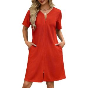 image:imageEkouaer Women Zipper Robes Waffle Short Bathrobe Lightweight House Coat with Pockets Soft Nightgown S3XLRed