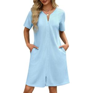 image:imageEkouaer Women Zipper Robes Waffle Short Bathrobe Lightweight House Coat with Pockets Soft Nightgown S3XLSky Blue