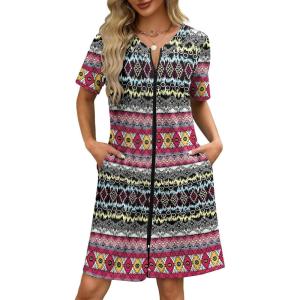 image:imageEkouaer Women Zipper Robes Waffle Short Bathrobe Lightweight House Coat with Pockets Soft Nightgown S3XLTribal Geo Stripe