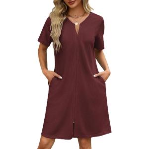 image:imageEkouaer Women Zipper Robes Waffle Short Bathrobe Lightweight House Coat with Pockets Soft Nightgown S3XLWine Red
