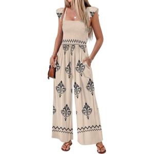 image:imageEkouaer Womens Casual Jumpsuits Summer Boho Outfits Printed Smocked Wide Leg Vacation Jumper With Pockets SXXLApricot Print