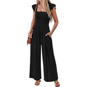 image:imageEkouaer Womens Casual Jumpsuits Summer Boho Outfits Printed Smocked Wide Leg Vacation Jumper With Pockets SXXLBlack