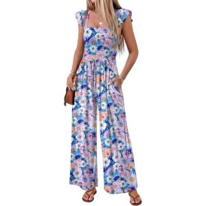 image:imageEkouaer Womens Casual Jumpsuits Summer Boho Outfits Printed Smocked Wide Leg Vacation Jumper With Pockets SXXLPink Black Floral