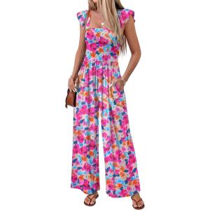 image:imageEkouaer Womens Casual Jumpsuits Summer Boho Outfits Printed Smocked Wide Leg Vacation Jumper With Pockets SXXLRed Blue Floral