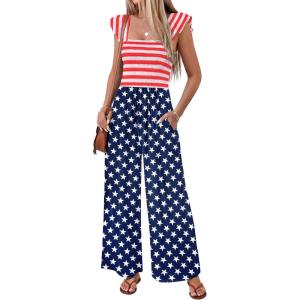 image:imageEkouaer Womens Casual Jumpsuits Summer Boho Outfits Printed Smocked Wide Leg Vacation Jumper With Pockets SXXLStar Flag