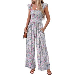 image:imageEkouaer Womens Casual Jumpsuits Summer Boho Outfits Printed Smocked Wide Leg Vacation Jumper With Pockets SXXLWhite Red Floral