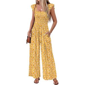 image:imageEkouaer Womens Casual Jumpsuits Summer Boho Outfits Printed Smocked Wide Leg Vacation Jumper With Pockets SXXLYellow Floral