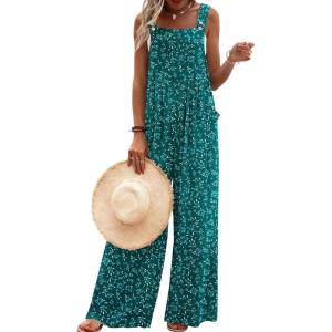 image:imageEkouaer Womens Casual Overalls Loose Wide Leg Jumpsuits Summer Boho Floral Printed Baggy Rompers with PocketsGreen Blue Floral