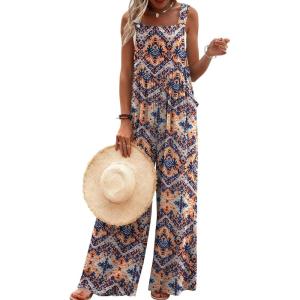 image:imageEkouaer Womens Casual Overalls Loose Wide Leg Jumpsuits Summer Boho Floral Printed Baggy Rompers with PocketsOrange Bohemian