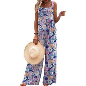 image:imageEkouaer Womens Casual Overalls Loose Wide Leg Jumpsuits Summer Boho Floral Printed Baggy Rompers with PocketsPink Black Floral