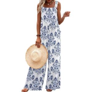 image:imageEkouaer Womens Casual Overalls Loose Wide Leg Jumpsuits Summer Boho Floral Printed Baggy Rompers with PocketsWhite Italian Print