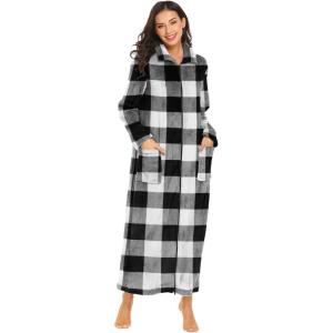 image:imageEkouaer Womens Flannel Robe Zipper Front Robes Full Length BathrobeSXXLBlack  White Plaid