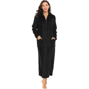 image:imageEkouaer Womens Flannel Robe Zipper Front Robes Full Length BathrobeSXXLBlack