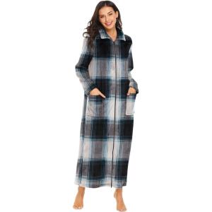 image:imageEkouaer Womens Flannel Robe Zipper Front Robes Full Length BathrobeSXXLBlack Blue Green Plaid