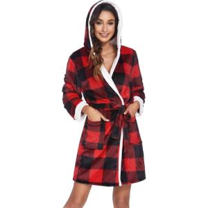 image:imageEkouaer Womens Hooded Bathrobe Plush Short Robe Super Soft Fleece Robe Luxury Sleepwear with PocketsPlaid Red