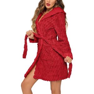 image:imageEkouaer Womens Hooded Bathrobe Plush Short Robe Super Soft Fleece Robe Luxury Sleepwear with PocketsRedjacquard