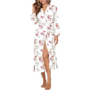 image:imageEkouaer Womens Robe Long Knit Kimono Bathrobe Lightweight Sleepwear Soft Ladies Loungewear with Pockets SXXLWhite Red Flowers