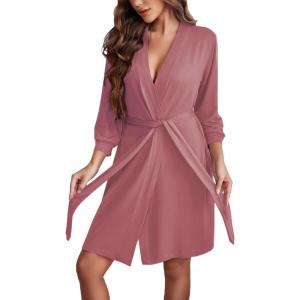 image:imageEkouaer Womens Robes Lightweight 34 Sleeve Short Knit Bathrobe Soft Knee Length Sleepwear Robes with Pockets SXXLGray Purple