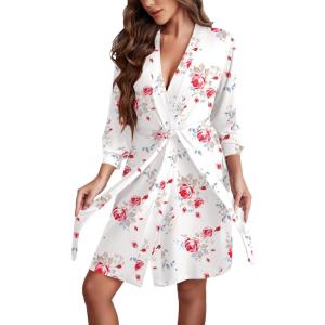 image:imageEkouaer Womens Robes Lightweight 34 Sleeve Short Knit Bathrobe Soft Knee Length Sleepwear Robes with Pockets SXXLWhite Flower