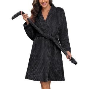 image:imageEkouaer Womens Robes Short Plush Bathrobe Knee Length Warm Soft Jacquard Robe Winter House Coat with Pockets SXXLBlack Jacquard