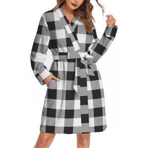 image:imageEkouaer Womens Robes Short Plush Bathrobe Knee Length Warm Soft Jacquard Robe Winter House Coat with Pockets SXXLBlackwhite Plaid