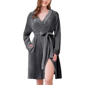 image:imageEkouaer Womens Robes Short Plush Bathrobe Knee Length Warm Soft Jacquard Robe Winter House Coat with Pockets SXXLGrey