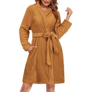 image:imageEkouaer Womens Robes Short Plush Bathrobe Knee Length Warm Soft Jacquard Robe Winter House Coat with Pockets SXXLKhaki