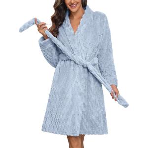 image:imageEkouaer Womens Robes Short Plush Bathrobe Knee Length Warm Soft Jacquard Robe Winter House Coat with Pockets SXXLLight Blue Jacquard