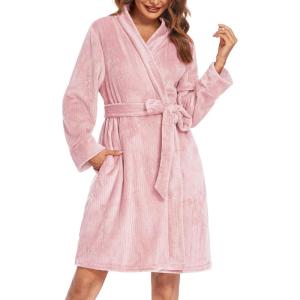 image:imageEkouaer Womens Robes Short Plush Bathrobe Knee Length Warm Soft Jacquard Robe Winter House Coat with Pockets SXXLLight Pink