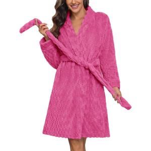 image:imageEkouaer Womens Robes Short Plush Bathrobe Knee Length Warm Soft Jacquard Robe Winter House Coat with Pockets SXXLRose Pink Jacquard