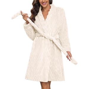 image:imageEkouaer Womens Robes Short Plush Bathrobe Knee Length Warm Soft Jacquard Robe Winter House Coat with Pockets SXXLWhite Jacquard