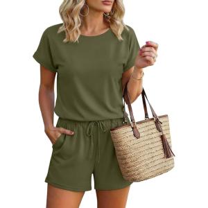 image:imageEkouaer Womens Romper 2026 Summer Casual Short Jumpsuits Beach Vacation Clothes with PocketsArmy Green
