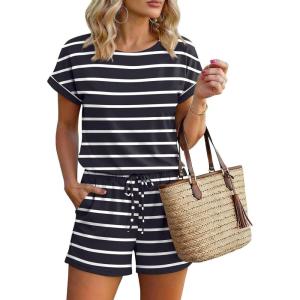 image:imageEkouaer Womens Romper 2026 Summer Casual Short Jumpsuits Beach Vacation Clothes with PocketsBlack and White Striped