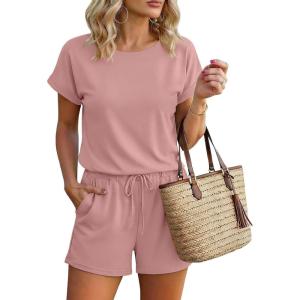 image:imageEkouaer Womens Romper 2026 Summer Casual Short Jumpsuits Beach Vacation Clothes with PocketsDirty Pink