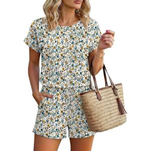 image:imageEkouaer Womens Romper 2026 Summer Casual Short Jumpsuits Beach Vacation Clothes with PocketsFloral Blue