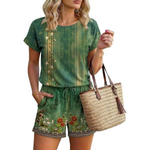image:imageEkouaer Womens Romper 2026 Summer Casual Short Jumpsuits Beach Vacation Clothes with PocketsFloral Green Boho