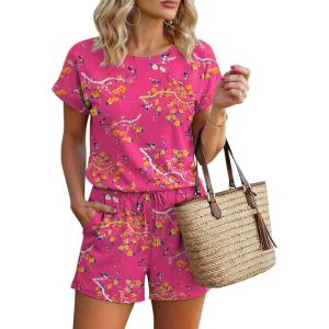 image:imageEkouaer Womens Romper 2026 Summer Casual Short Jumpsuits Beach Vacation Clothes with PocketsFloral Rose Red