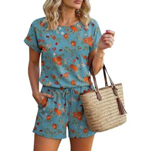 image:imageEkouaer Womens Romper 2026 Summer Casual Short Jumpsuits Beach Vacation Clothes with PocketsFloral Teal