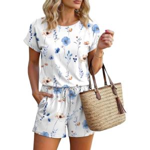 image:imageEkouaer Womens Romper 2026 Summer Casual Short Jumpsuits Beach Vacation Clothes with PocketsFloral White