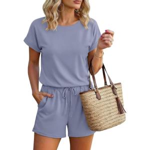 image:imageEkouaer Womens Romper 2026 Summer Casual Short Jumpsuits Beach Vacation Clothes with PocketsGray Blue