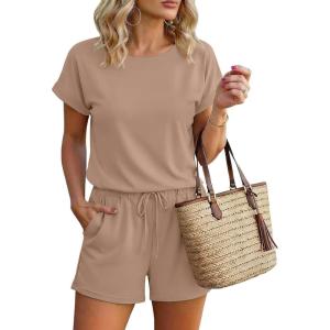 image:imageEkouaer Womens Romper 2026 Summer Casual Short Jumpsuits Beach Vacation Clothes with PocketsKhaki