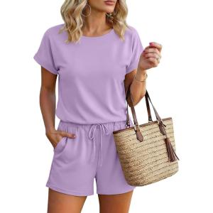 image:imageEkouaer Womens Romper 2026 Summer Casual Short Jumpsuits Beach Vacation Clothes with PocketsLight Purple