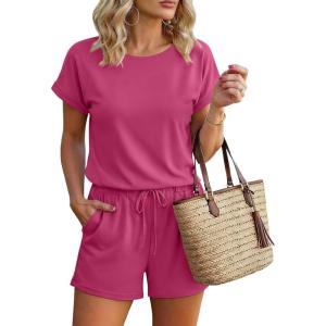 image:imageEkouaer Womens Romper 2026 Summer Casual Short Jumpsuits Beach Vacation Clothes with PocketsRose Red