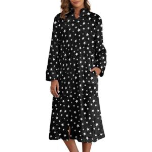 image:imageEkouaer Womens Zip Up Robe Fleece Bathrobe Long Zipper Lounger Warm Housecoat Long Sleeve Nightgown with Pockets SXXLBlack Stars