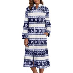 image:imageEkouaer Womens Zip Up Robe Fleece Bathrobe Long Zipper Lounger Warm Housecoat Long Sleeve Nightgown with Pockets SXXLBlue Snowflake