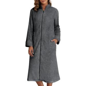image:imageEkouaer Womens Zip Up Robe Fleece Bathrobe Long Zipper Lounger Warm Housecoat Long Sleeve Nightgown with Pockets SXXLDeep Grey