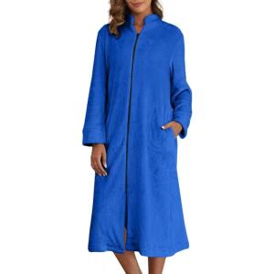 image:imageEkouaer Womens Zip Up Robe Fleece Bathrobe Long Zipper Lounger Warm Housecoat Long Sleeve Nightgown with Pockets SXXLDeep Sky Blue