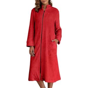 image:imageEkouaer Womens Zip Up Robe Fleece Bathrobe Long Zipper Lounger Warm Housecoat Long Sleeve Nightgown with Pockets SXXLRed